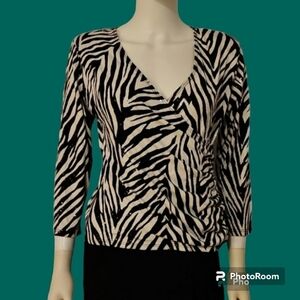 MSK 1990s Zebra Disco Sequin Surplice Blouson Ruched Long Sleeve Blouse